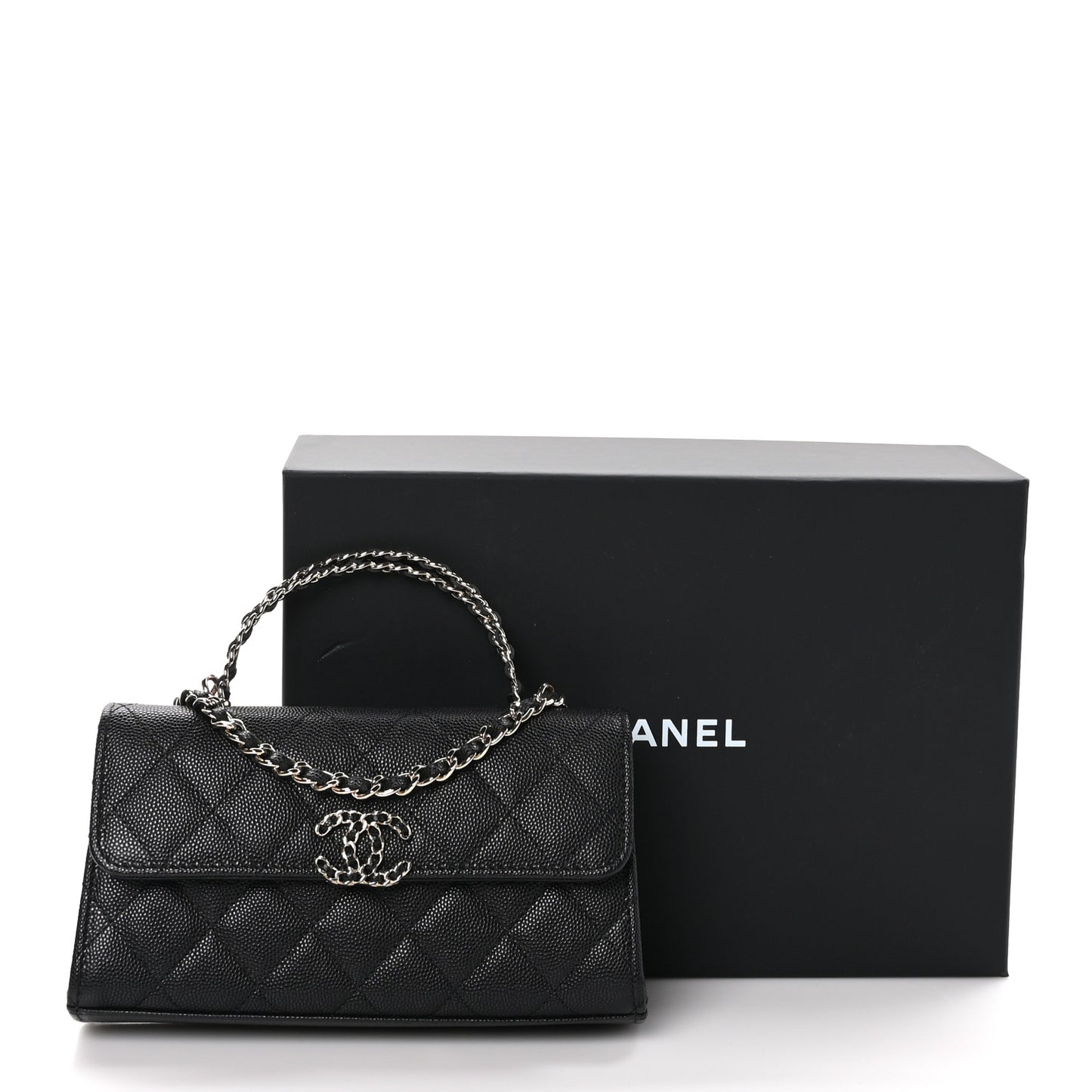 Caviar Quilted Chain Match Top Handle Phone Holder With Chain Black