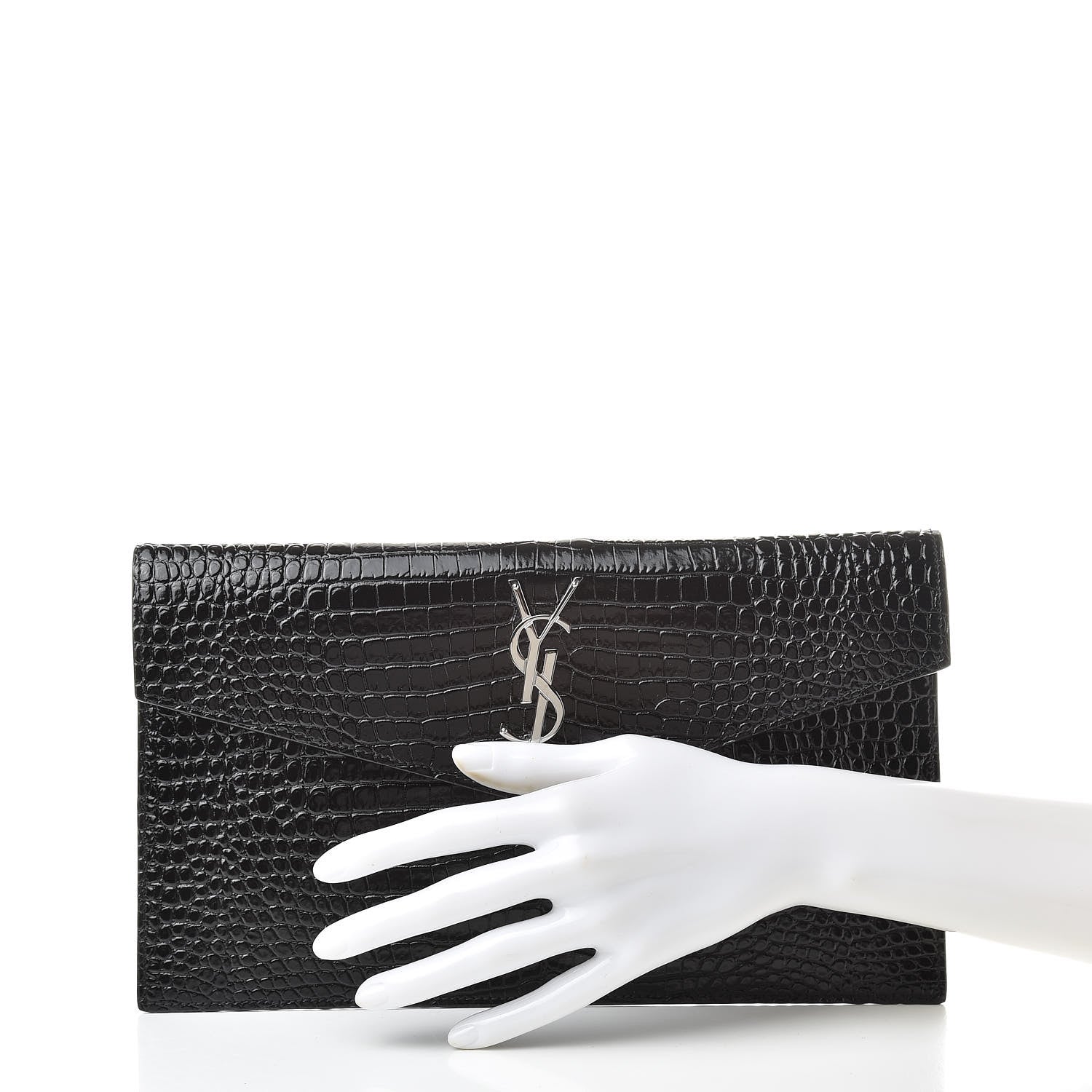 Saint Laurent Calfskin Crocodile Embossed Uptown Monogram Clutch Black 2 of 8