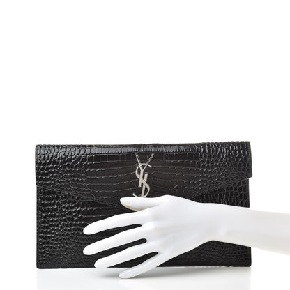 Saint Laurent Calfskin Crocodile Embossed Uptown Monogram Clutch Black 2 of 8