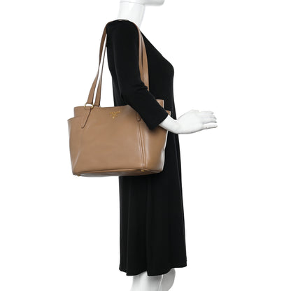 Prada Vitello Daino Side Pocket Shoulder Bag Tote Sesamo 2 of 12