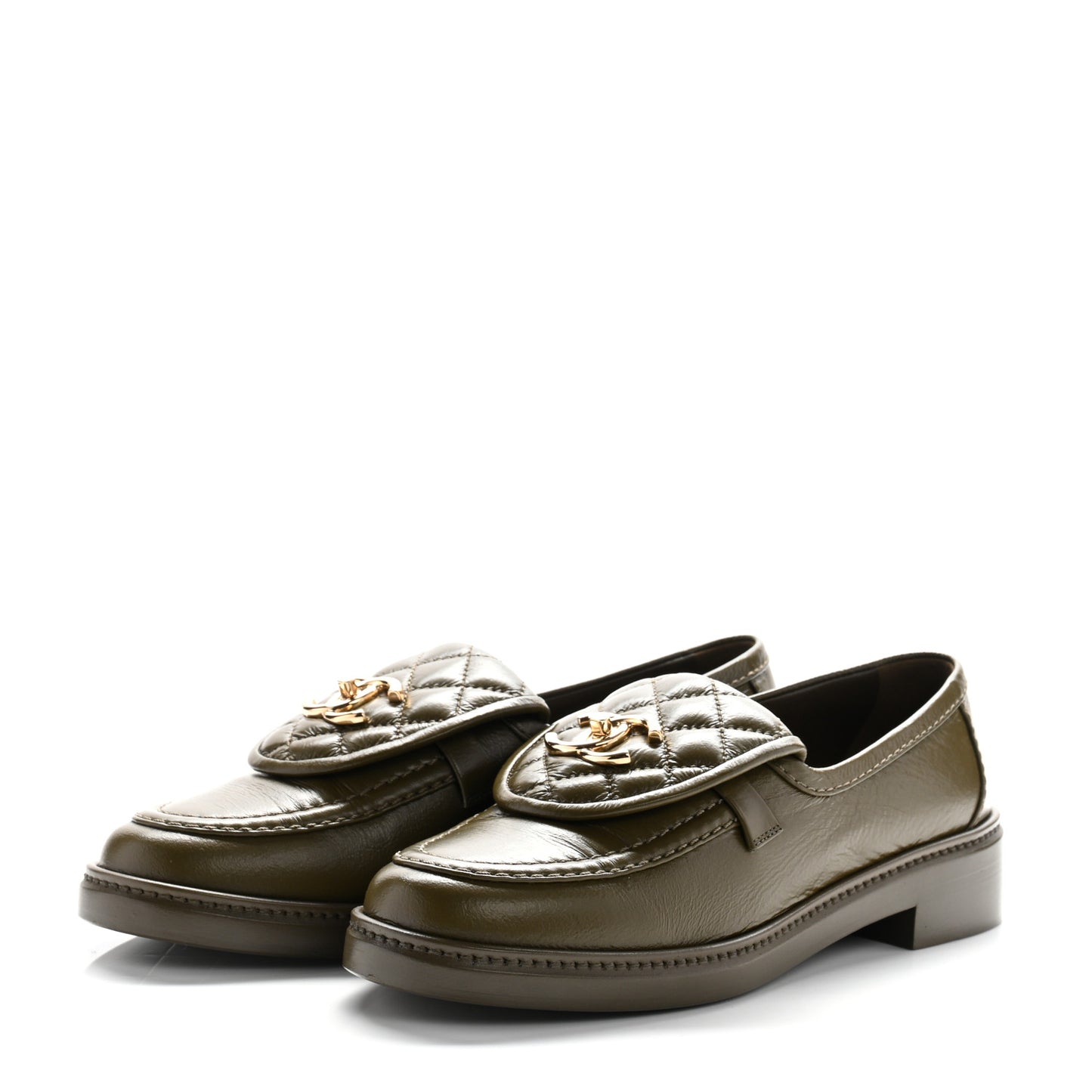 Crumpled Lambskin Quilted CC Turnlock Moccasins 37 Khaki
