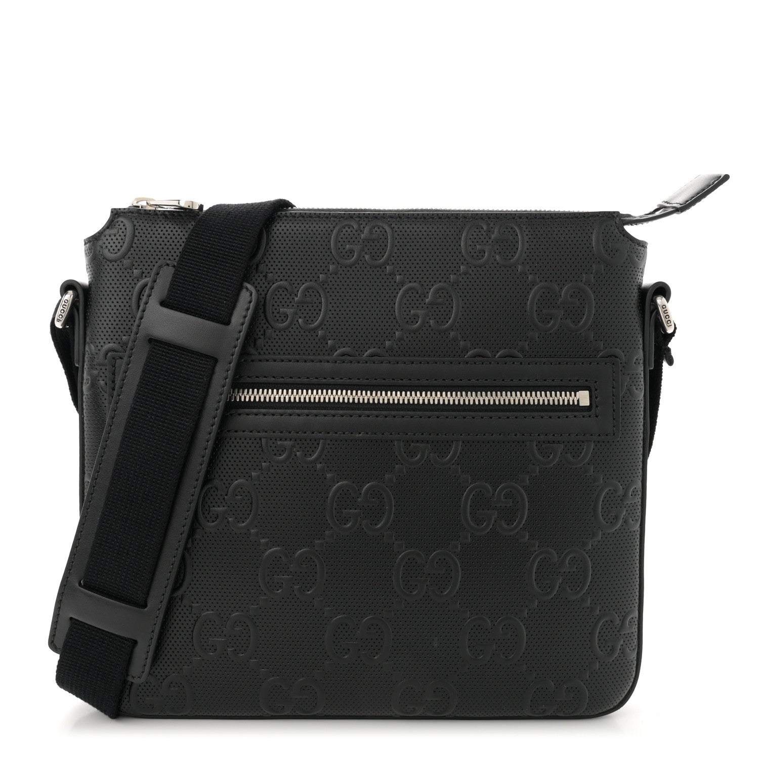 Gucci Calfskin GG Tennis Embossed Small Flat Messenger Bag Black 1 of 10