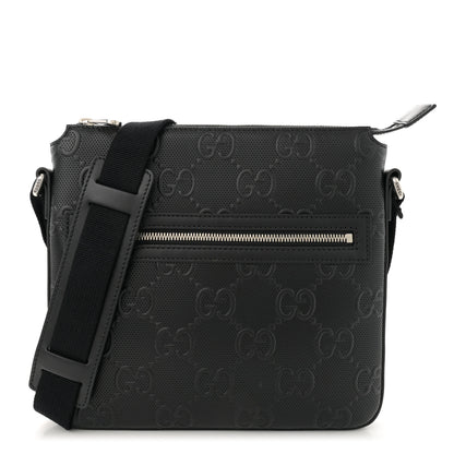 Gucci Calfskin GG Tennis Embossed Small Flat Messenger Bag Black 1 of 10