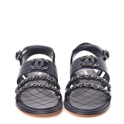 Chanel Lambskin Quilted Chain CC Sandals 36 Navy 2 of 9
