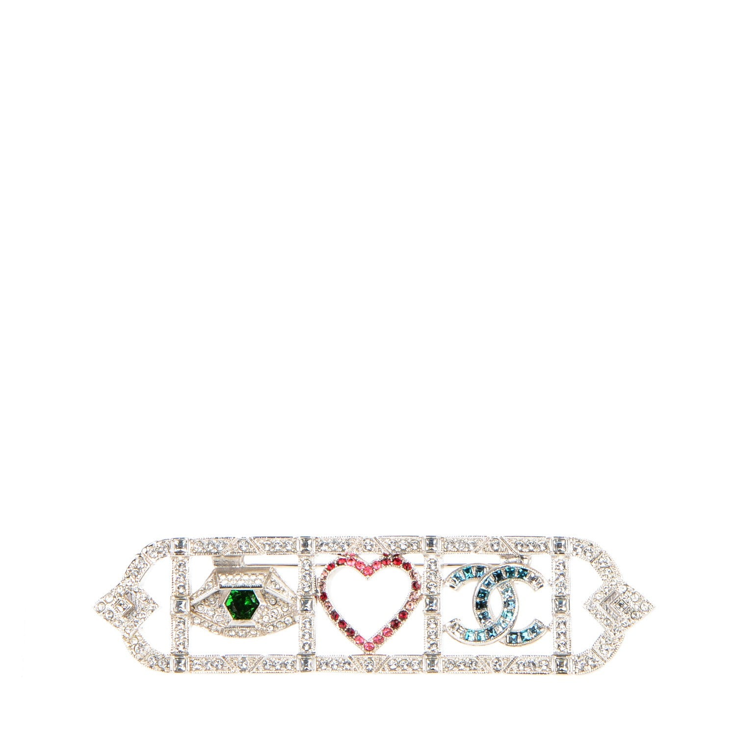 Chanel Crystal Eye Heart CC Brooch Silver 1 of 4