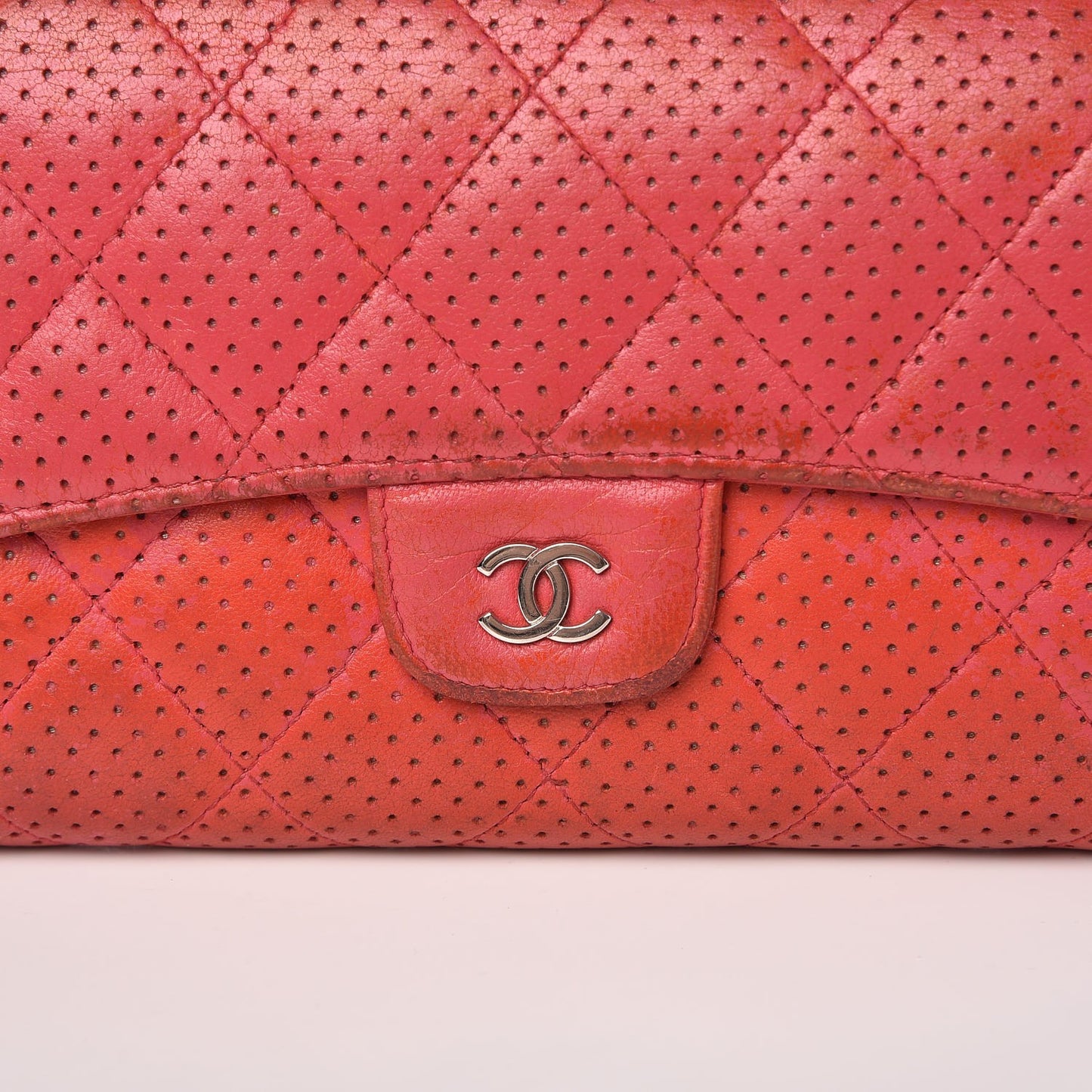 Perforated Lambskin Quilted Flap Wallet Red
