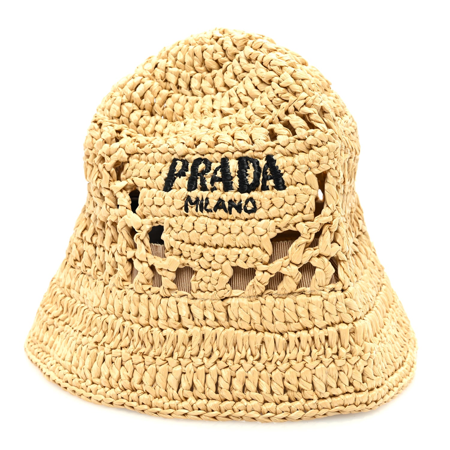 Prada Yarn Raffia Effect Crochet Logo Embroidered Womens Bucket Hat M Naturale 3 of 8