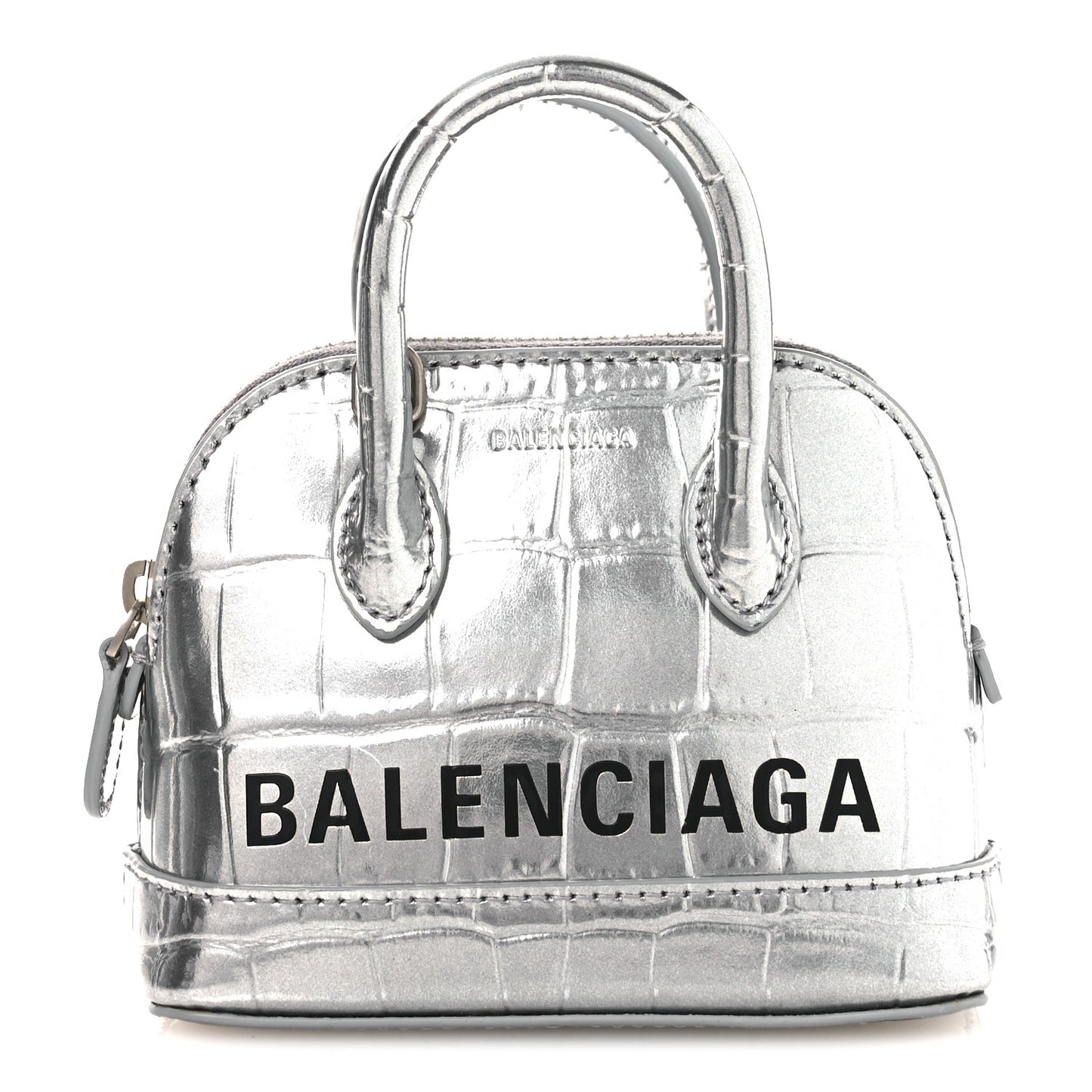 Metallic Calfskin Logo Crocodile Embossed Mini Ville Top Handle Bag Silver Black