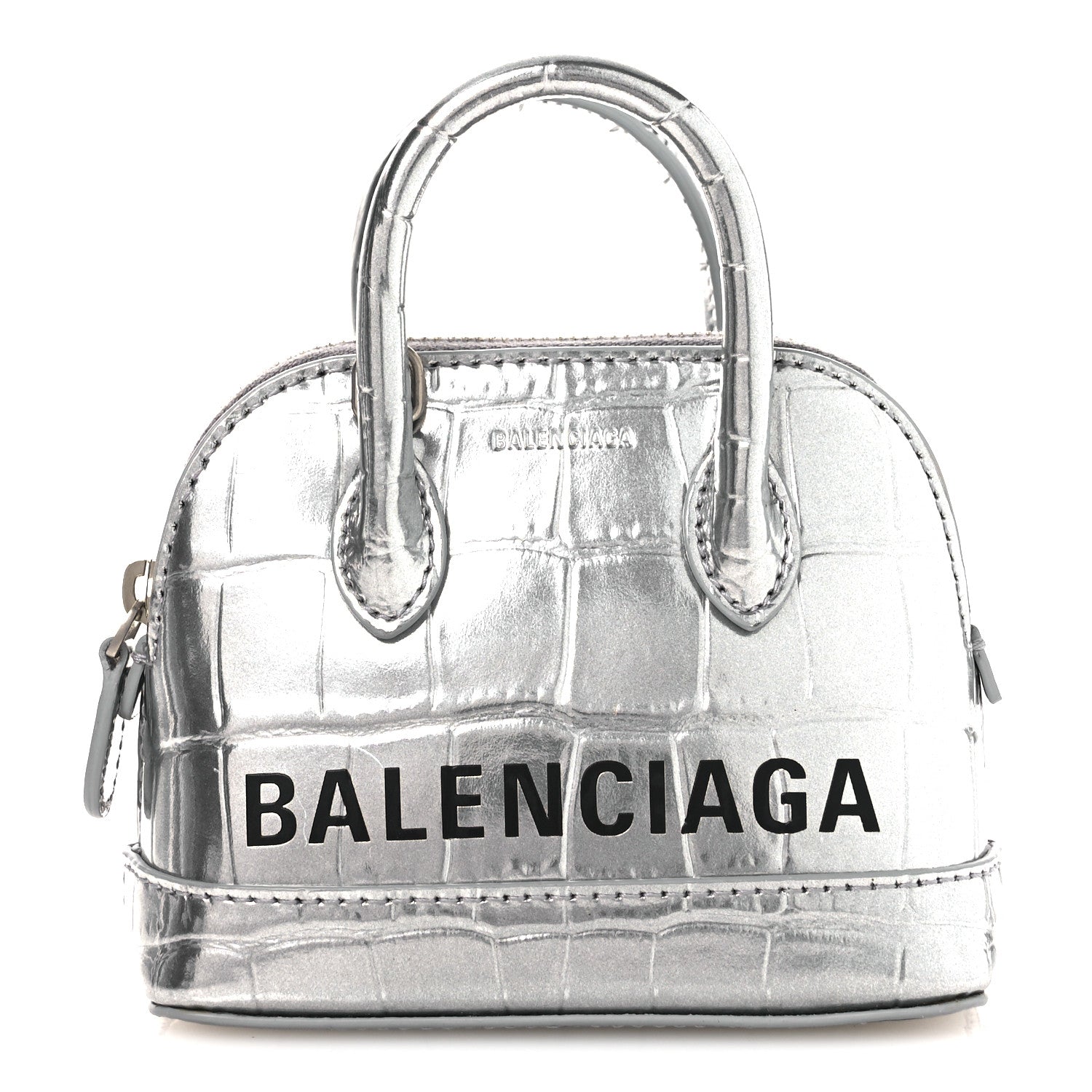 Balenciaga Metallic Calfskin Logo Crocodile Embossed Mini Ville Top Handle Bag Silver Black 1 of 10