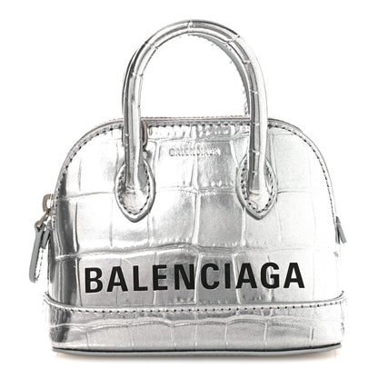 Balenciaga Metallic Calfskin Logo Crocodile Embossed Mini Ville Top Handle Bag Silver Black 1 of 10