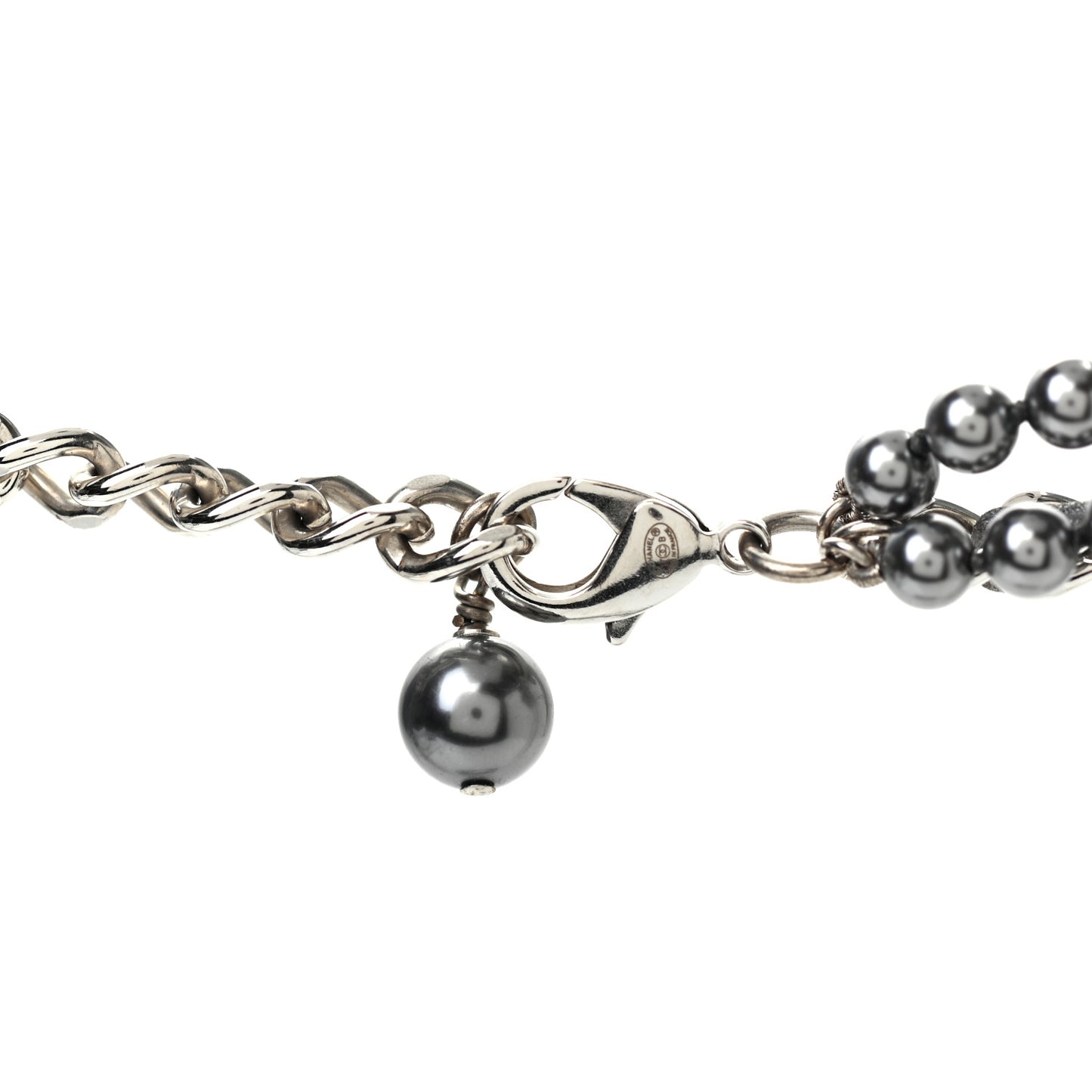 Crystal Pearl Lambskin CC Multi Strand Necklace Grey Silver