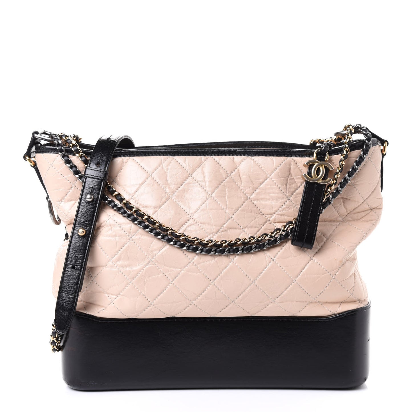 Aged Calfskin Quilted Large Gabrielle Hobo Beige Black