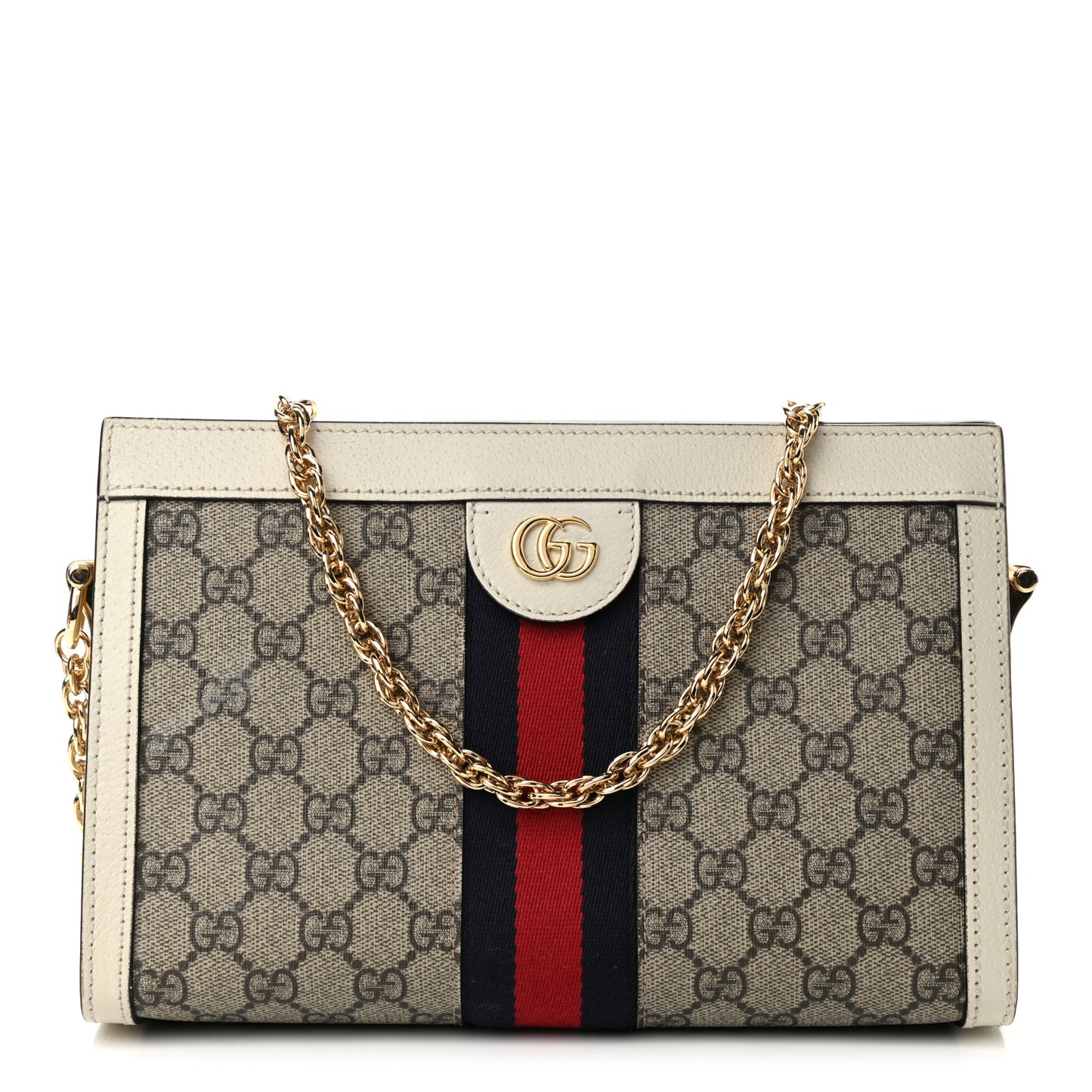 GG Supreme Monogram Textured Calfskin Web Small Ophidia Chain Shoulder Bag Beige Ebony Mystic White