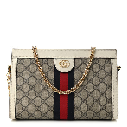 Gucci GG Supreme Monogram Textured Calfskin Web Small Ophidia Chain Shoulder Bag Beige Ebony Mystic White 1 of 11