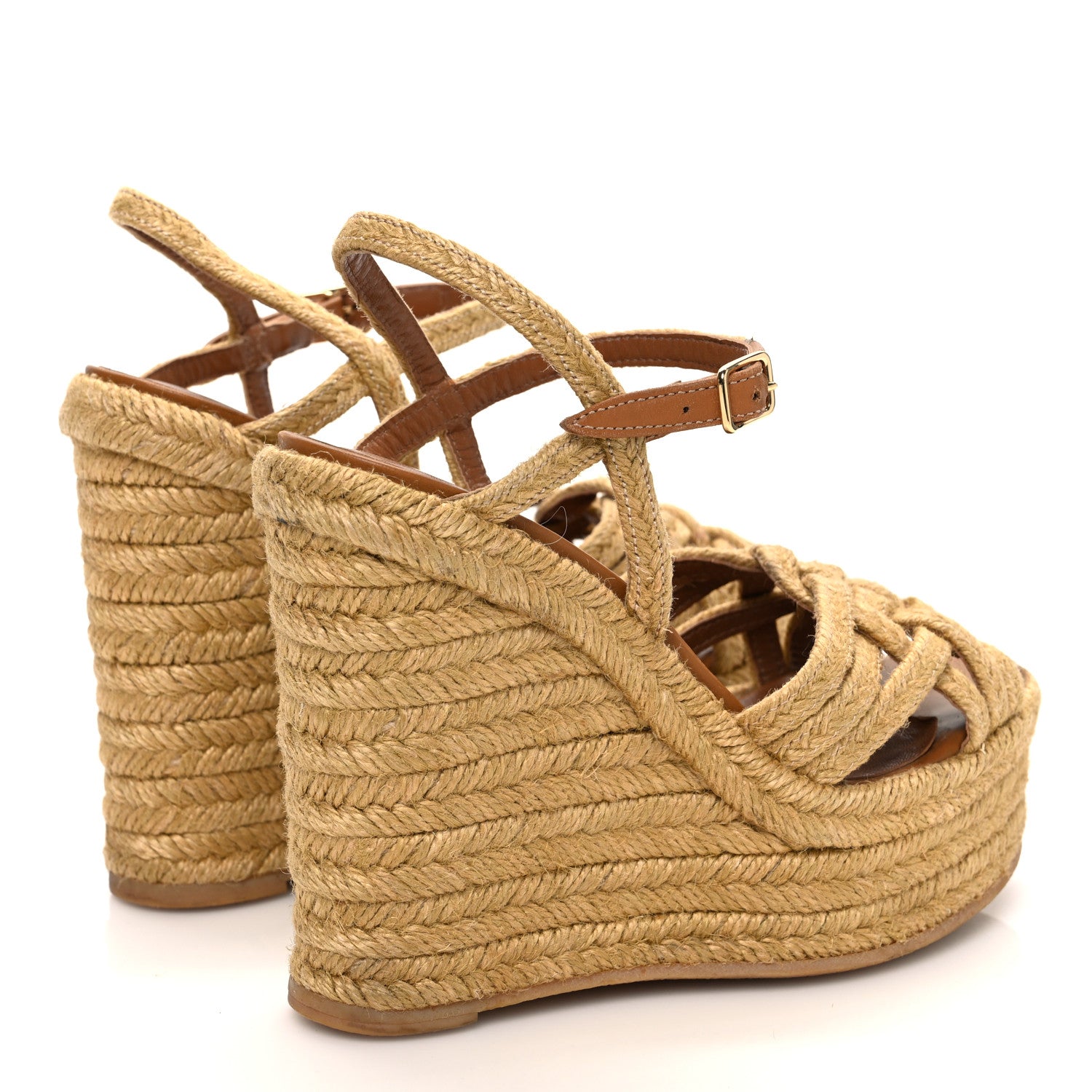 Saint Laurent Raffia Calfskin Platform Espadrille Wedge Sandals 35.5 Caramel 5 of 10