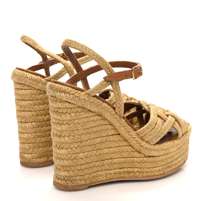 Saint Laurent Raffia Calfskin Platform Espadrille Wedge Sandals 35.5 Caramel 5 of 10