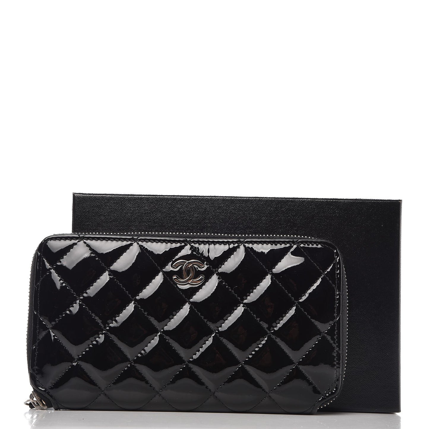 Patent Quilted Zip Around Wallet Black