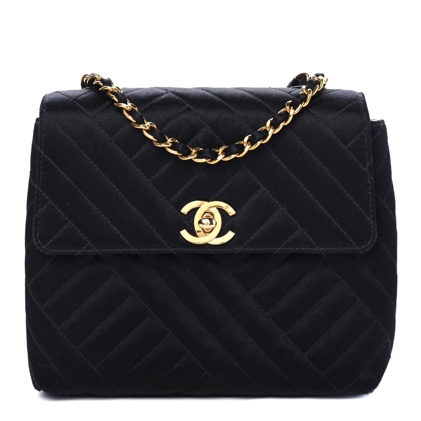 Satin Diagonal Quilted Mini Square Flap Black
