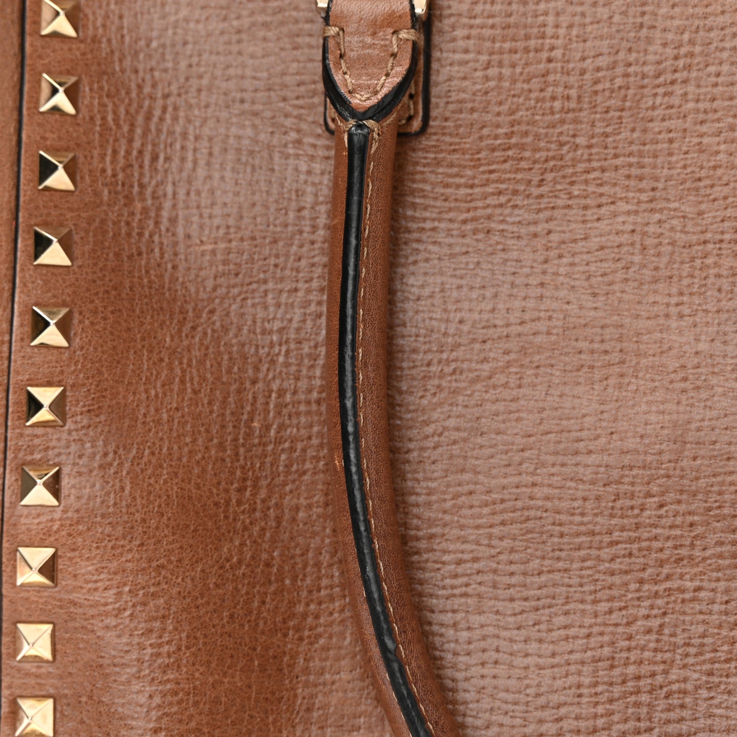 Textured Calfskin Rockstud Double Handle Tote Tan