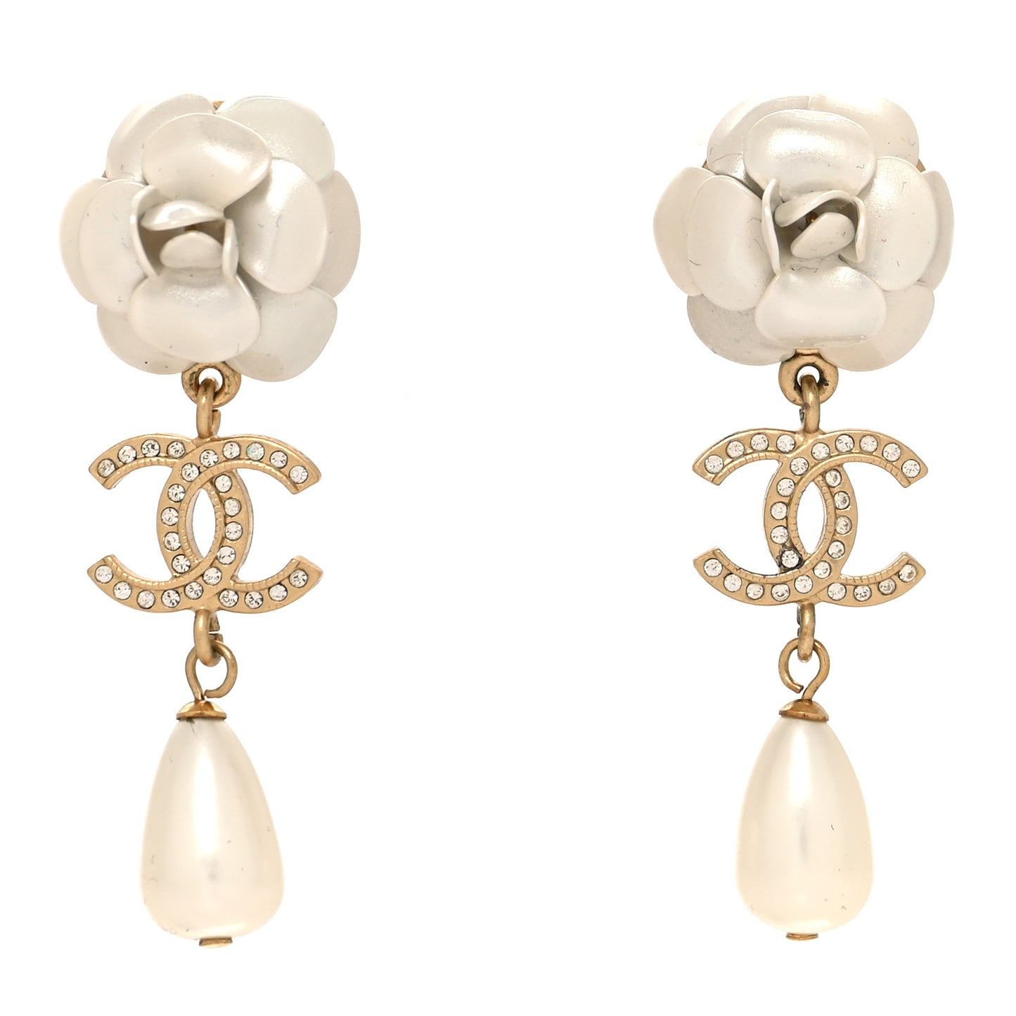 Metal Crystal Pearl 90s Camellia CC Drop Earrings Gold