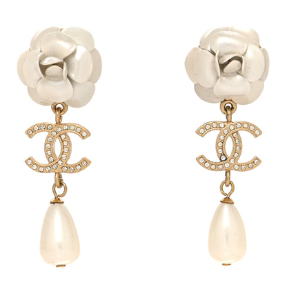 Chanel Metal Crystal Pearl 90s Camellia CC Drop Earrings Gold 1 of 4