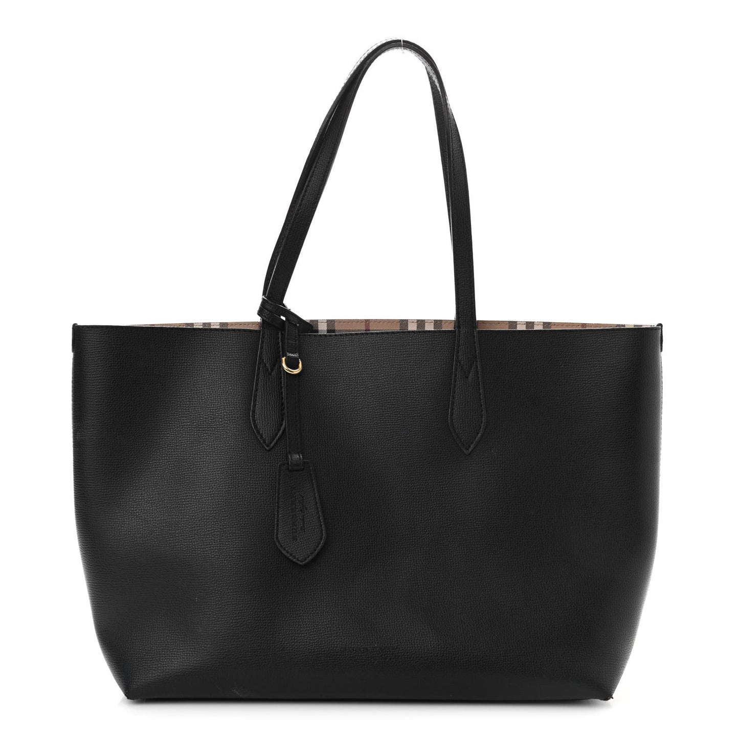 Grainy Calfskin Haymarket Check Medium Reversible Tote Black