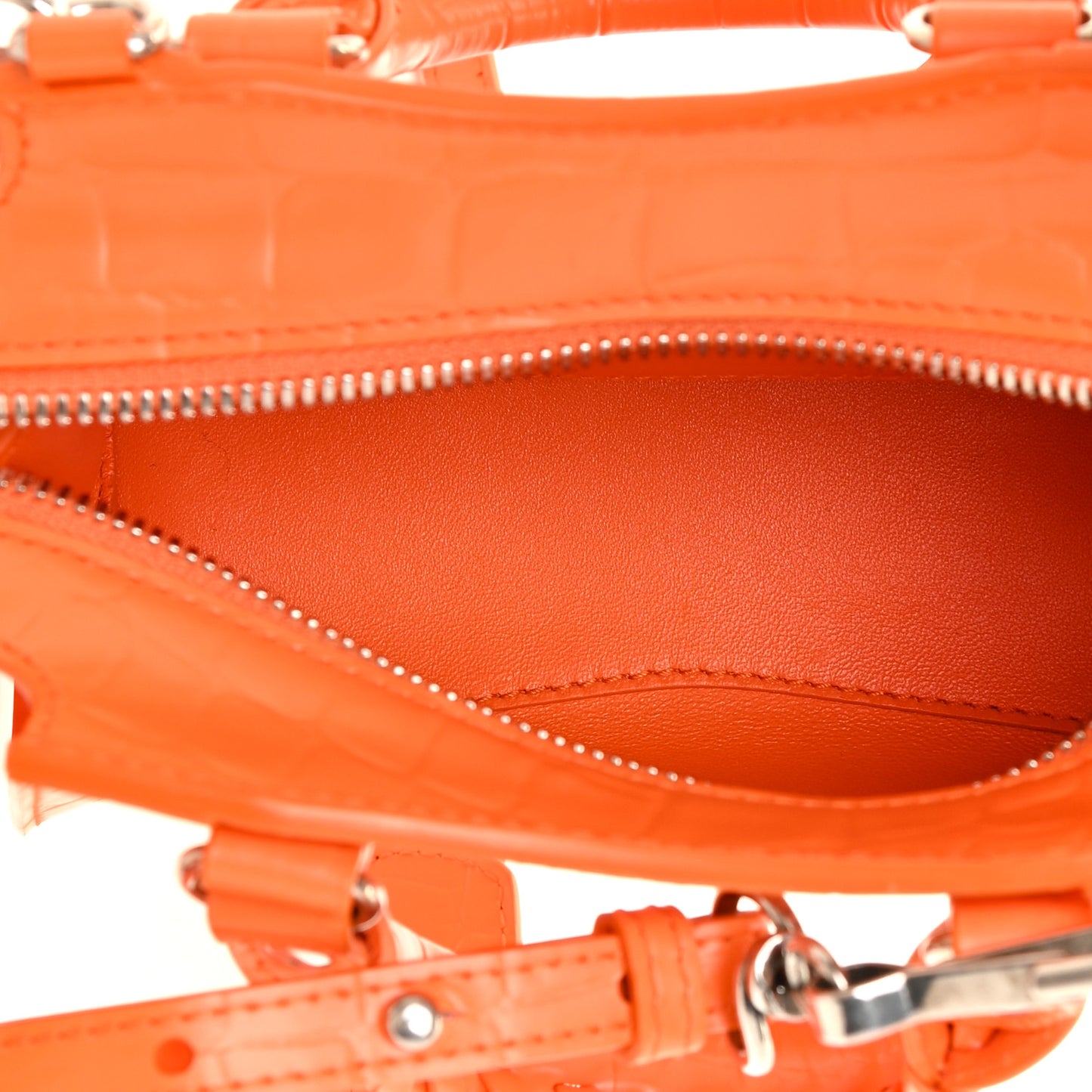 Semi Shiny Calfskin Crocodile Embossed Neo Classic Silver Hardware Nano City Crossbody Orange