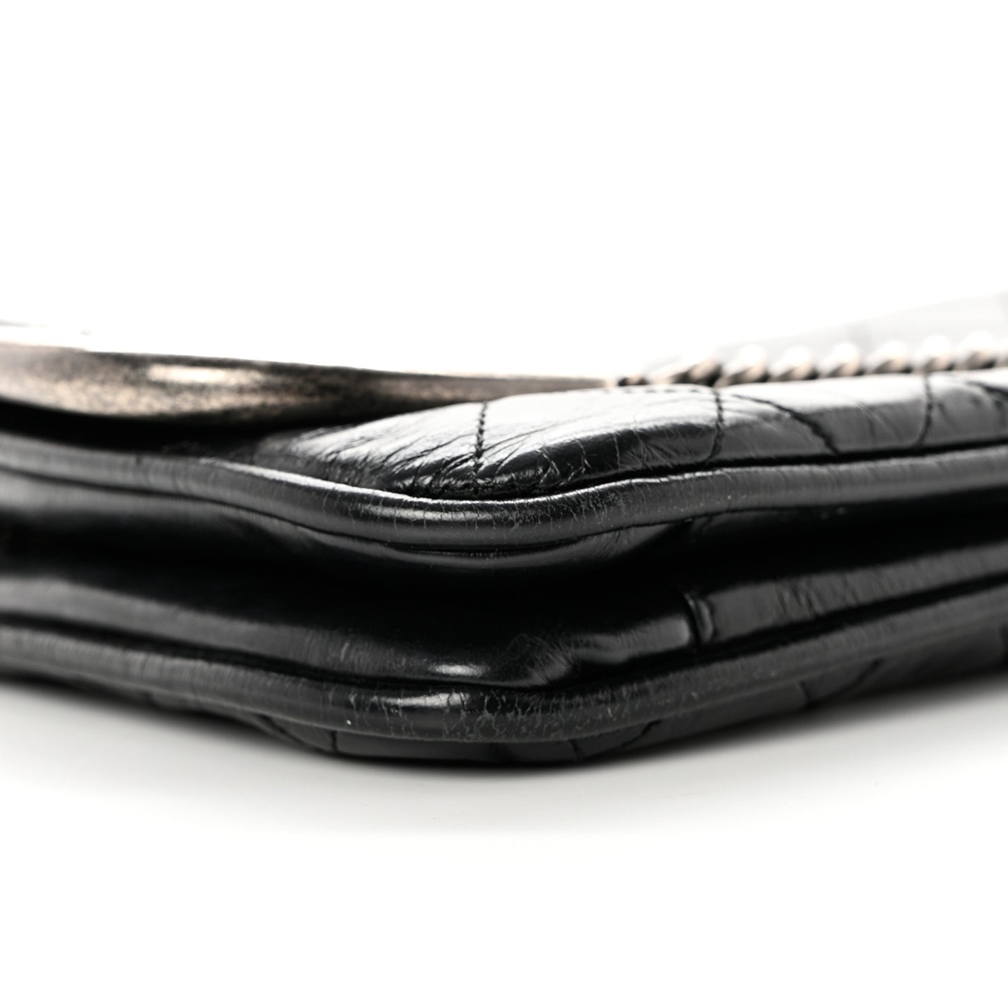 Glazed Calfskin Quilted Metal Chain Flap Black