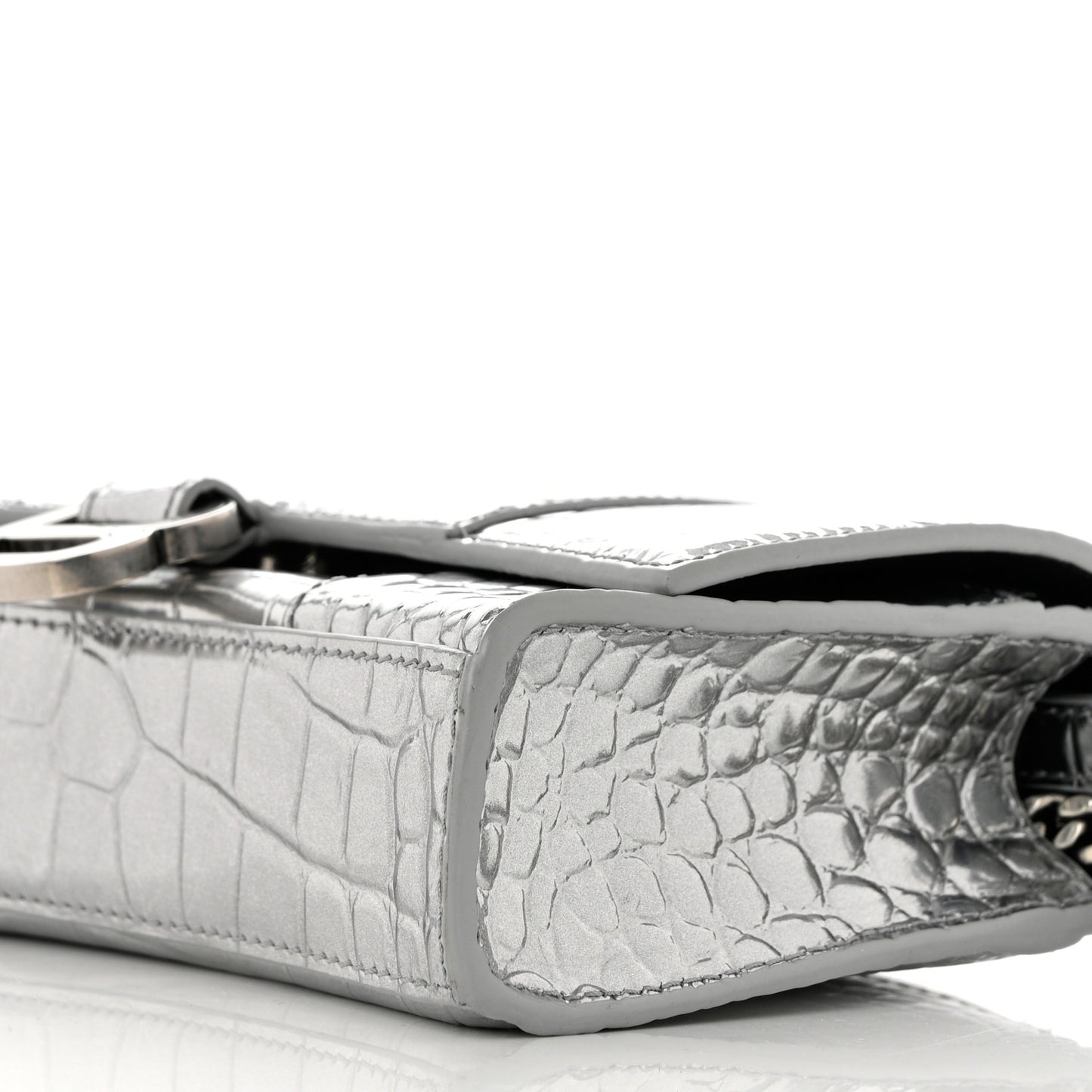 Metallic Calfskin Crocodile Embossed Hourglass Chain Bag Silver