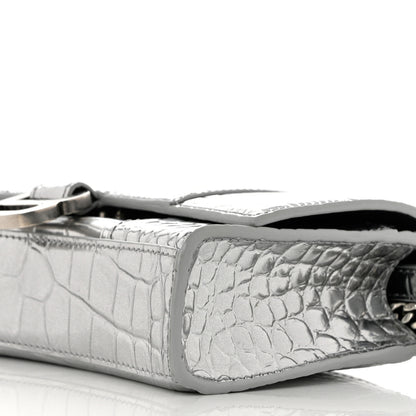 Balenciaga Metallic Calfskin Crocodile Embossed Hourglass Chain Bag Silver 9 of 10