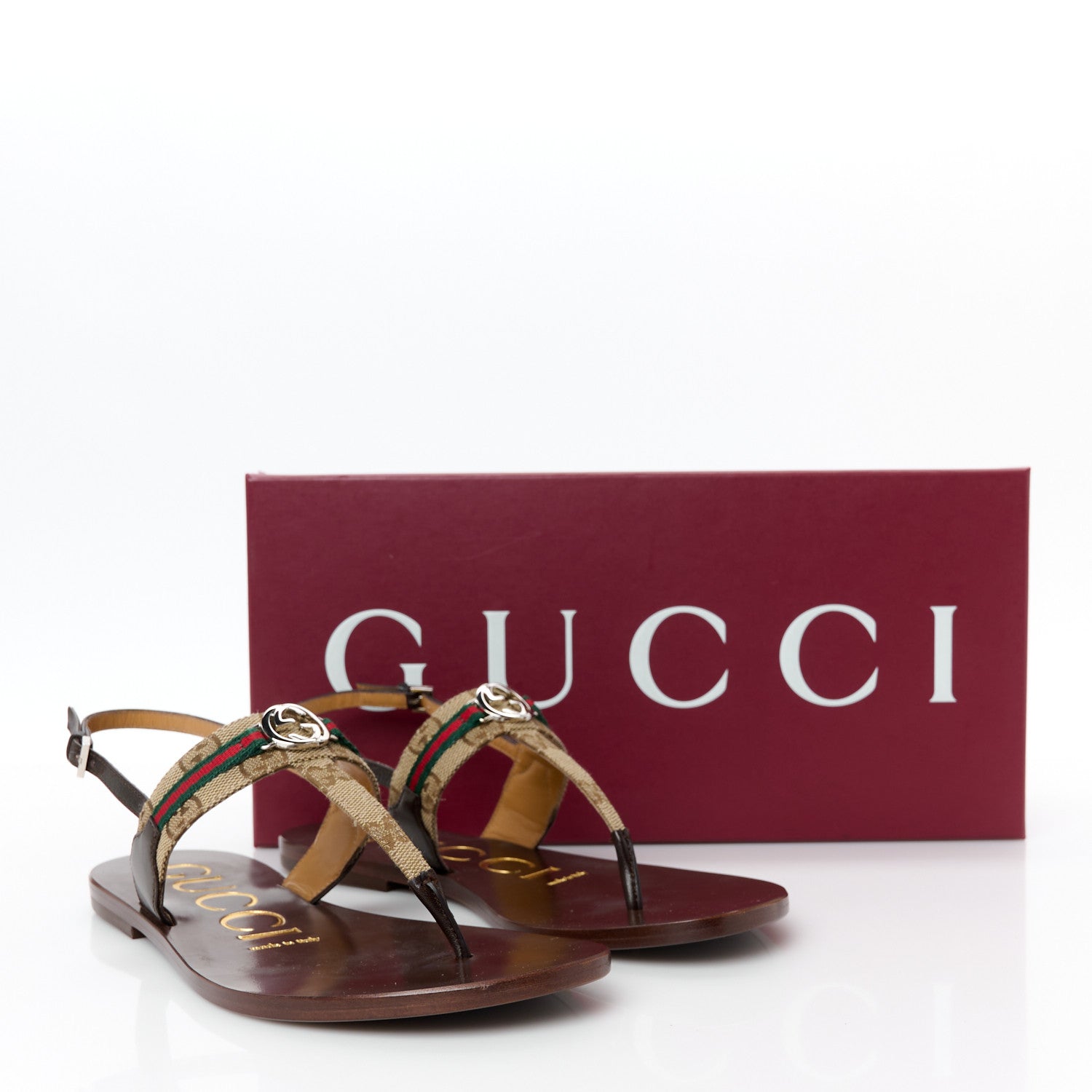 Gucci Original GG Canvas Web Interlocking G Womens Thong Sandals 36.5 Beige Ebony Vert Cocoa 10 of 10