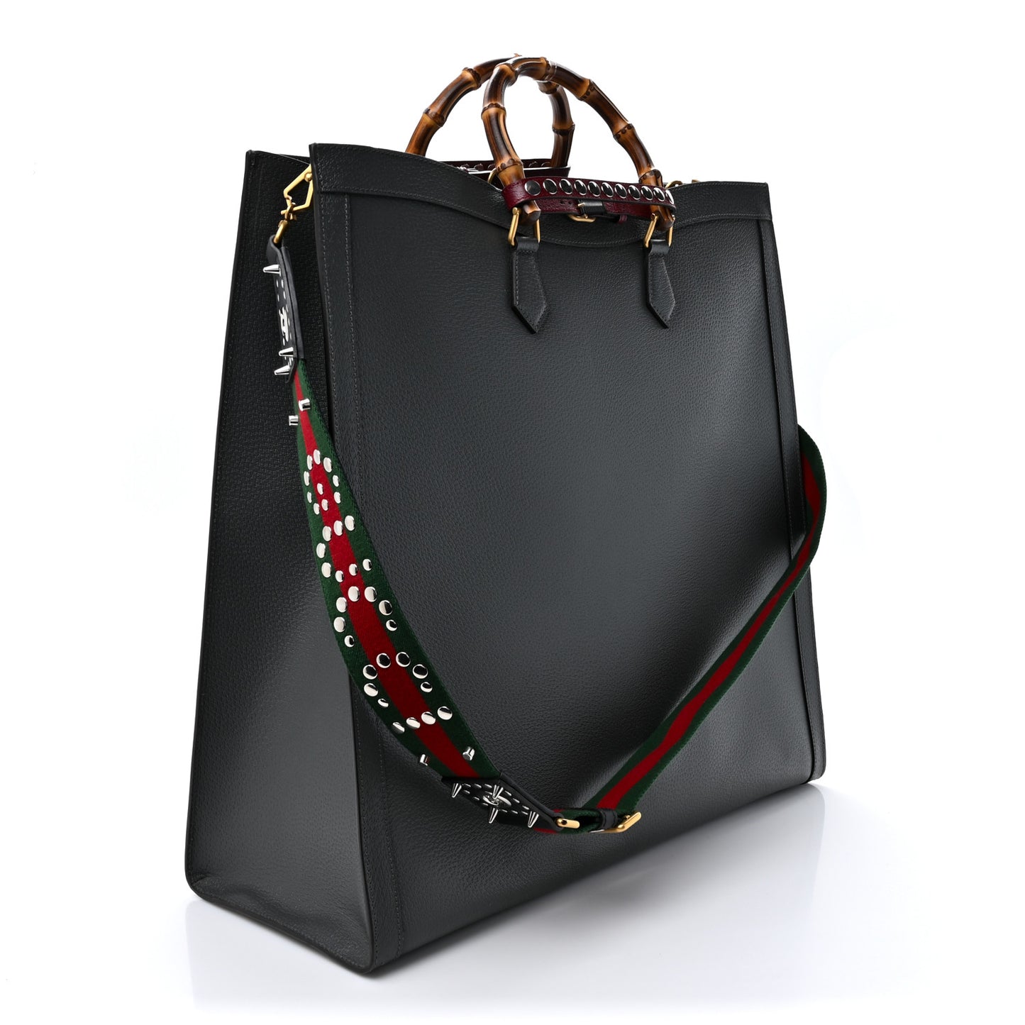 Textured Dollar Calfskin Web Studded Maxi Diana Tote Bag Graphite Grey
