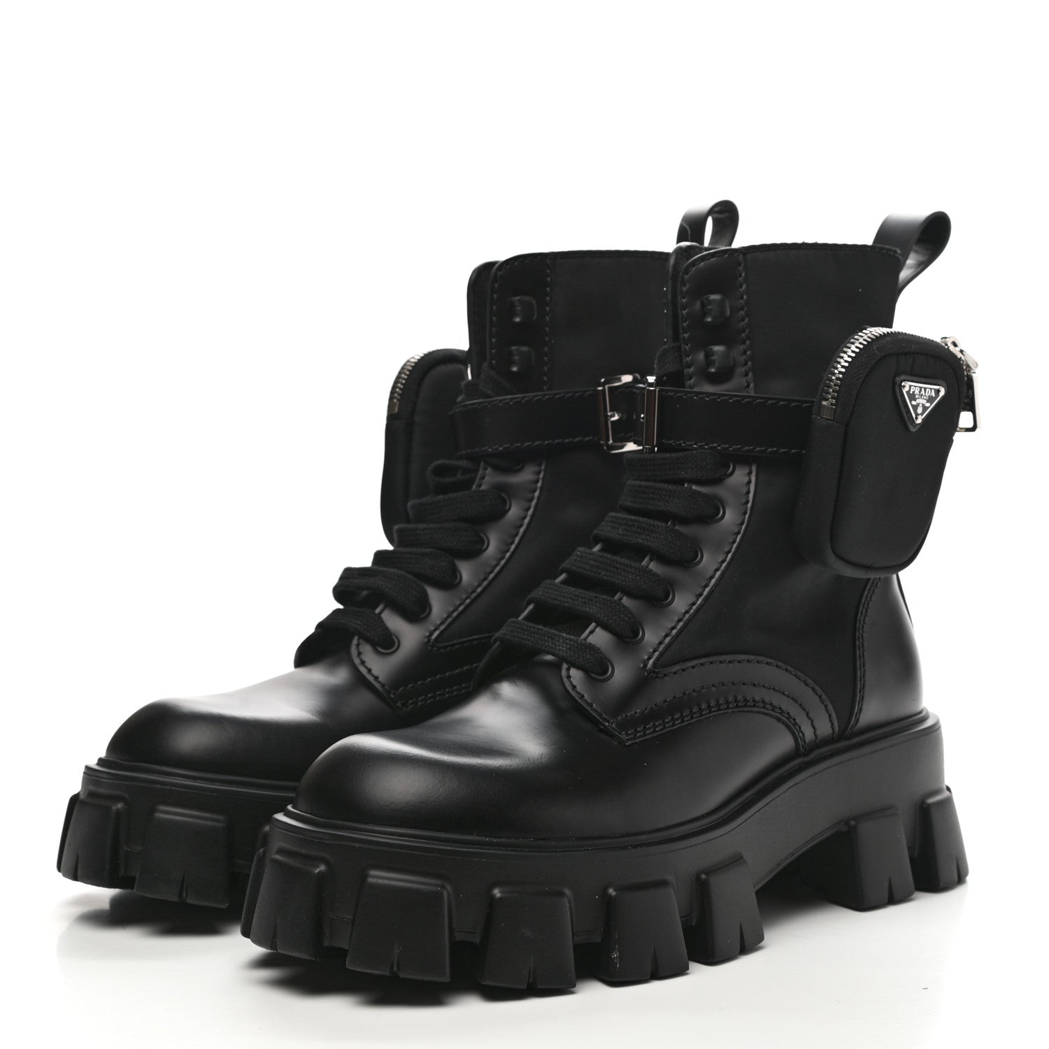 Prada Spazzolato Rois Re-Nylon Metal Triangle Logo Mens Monolith Pouch Pocket 60mm Combat Boots 7 Black 3 of 14