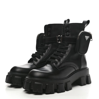 Prada Spazzolato Rois Re-Nylon Metal Triangle Logo Mens Monolith Pouch Pocket 60mm Combat Boots 7 Black 3 of 14