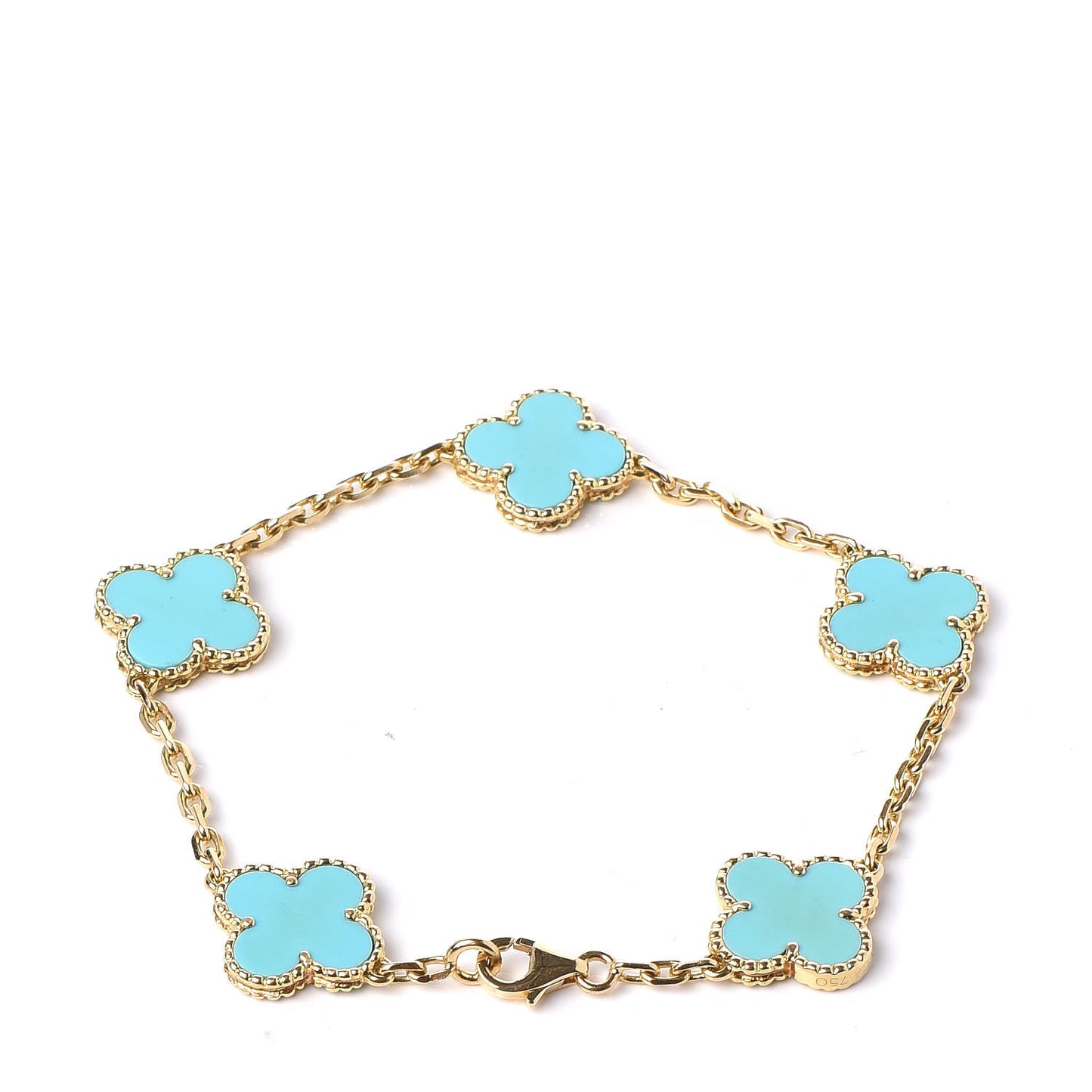18K Yellow Gold Turquoise 5 Motifs Vintage Alhambra Bracelet