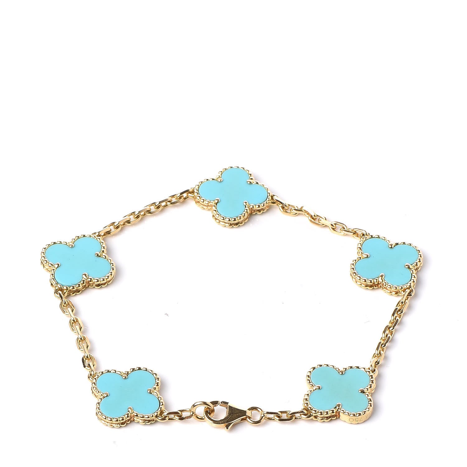 Van Cleef & Arpels 18K Yellow Gold Turquoise 5 Motifs Vintage Alhambra Bracelet 3 of 6