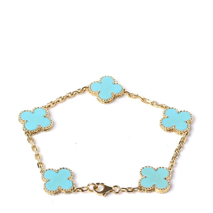 Van Cleef & Arpels 18K Yellow Gold Turquoise 5 Motifs Vintage Alhambra Bracelet 3 of 6