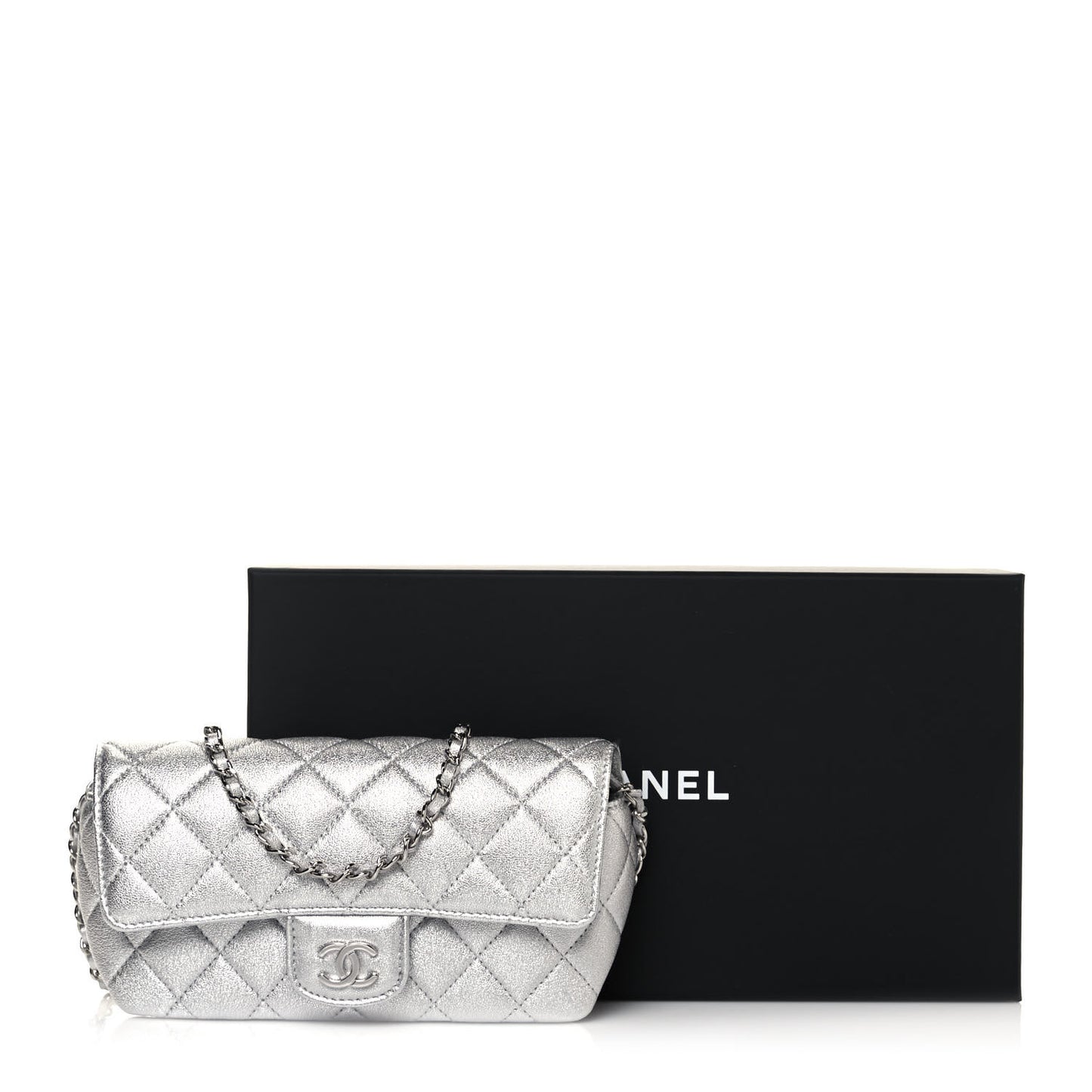 Metallic Lambskin Quilted Glasses Case With Chain Silver