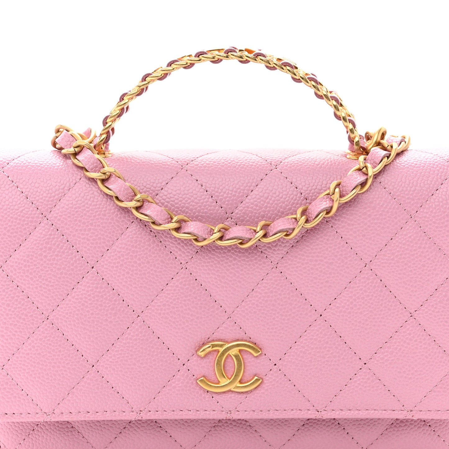Shiny Caviar Quilted Pick Me Up Wallet On Chain WOC Pink