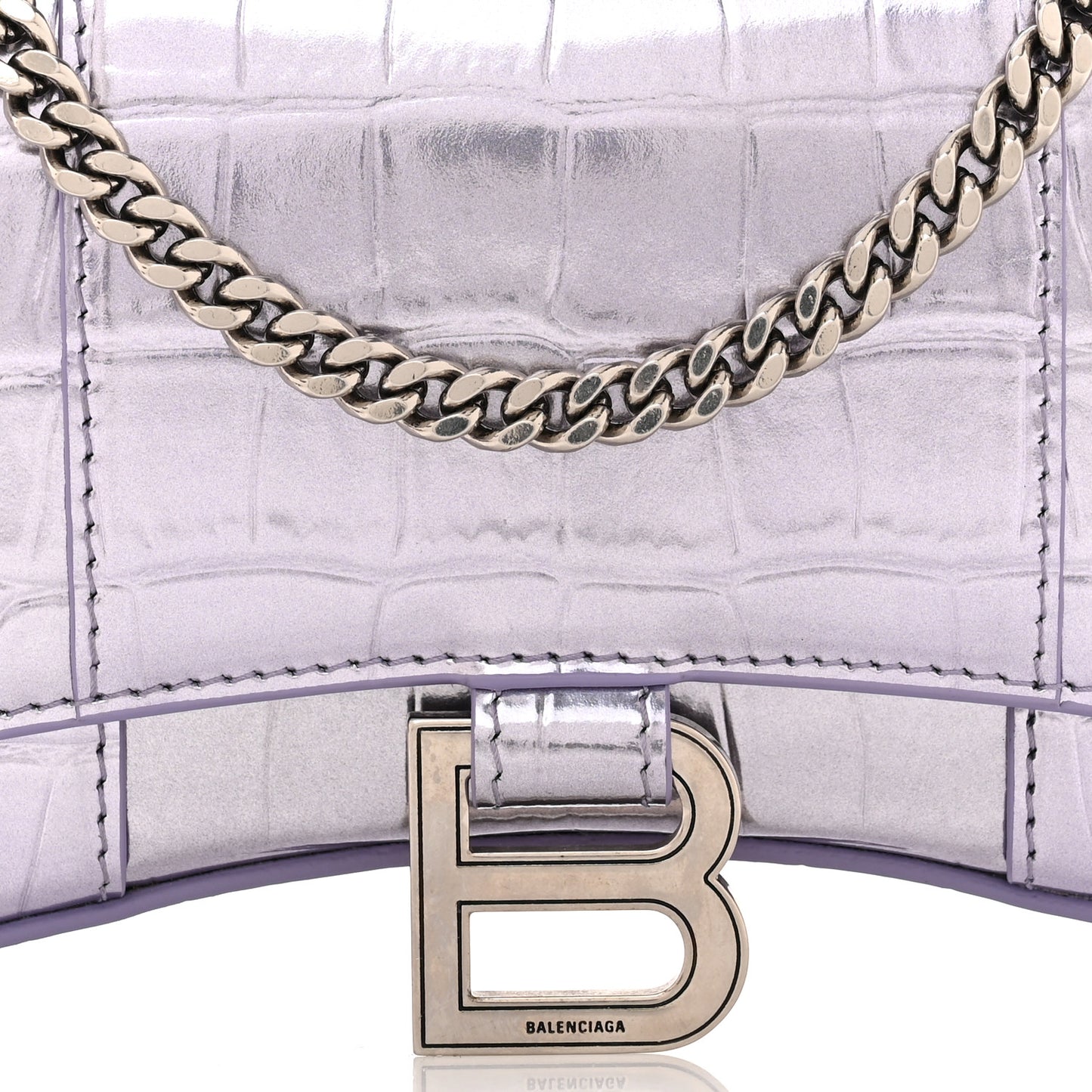 Shiny Metallic Calfskin Crocodile Embossed Hourglass Chain Bag Lilac