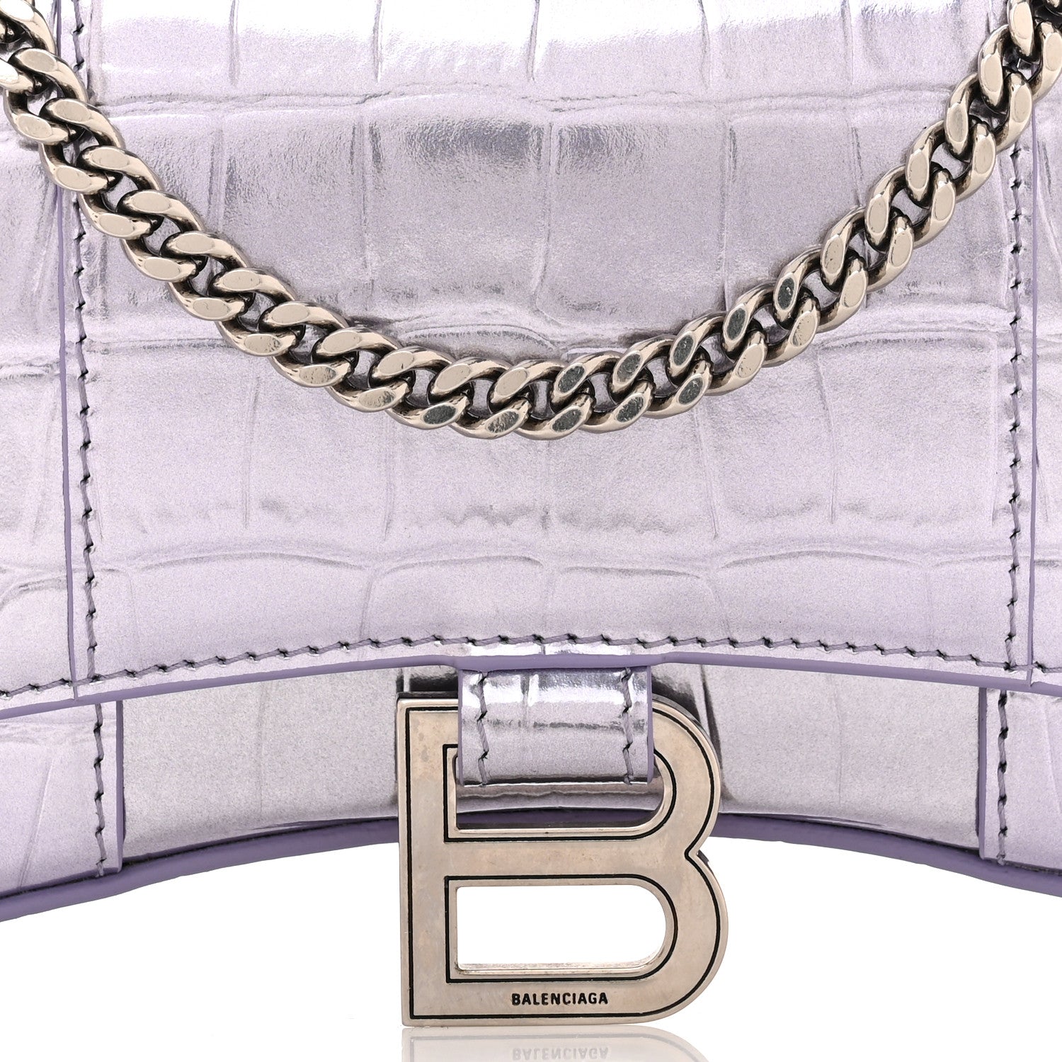 Balenciaga Shiny Metallic Calfskin Crocodile Embossed Hourglass Chain Bag Lilac 7 of 11