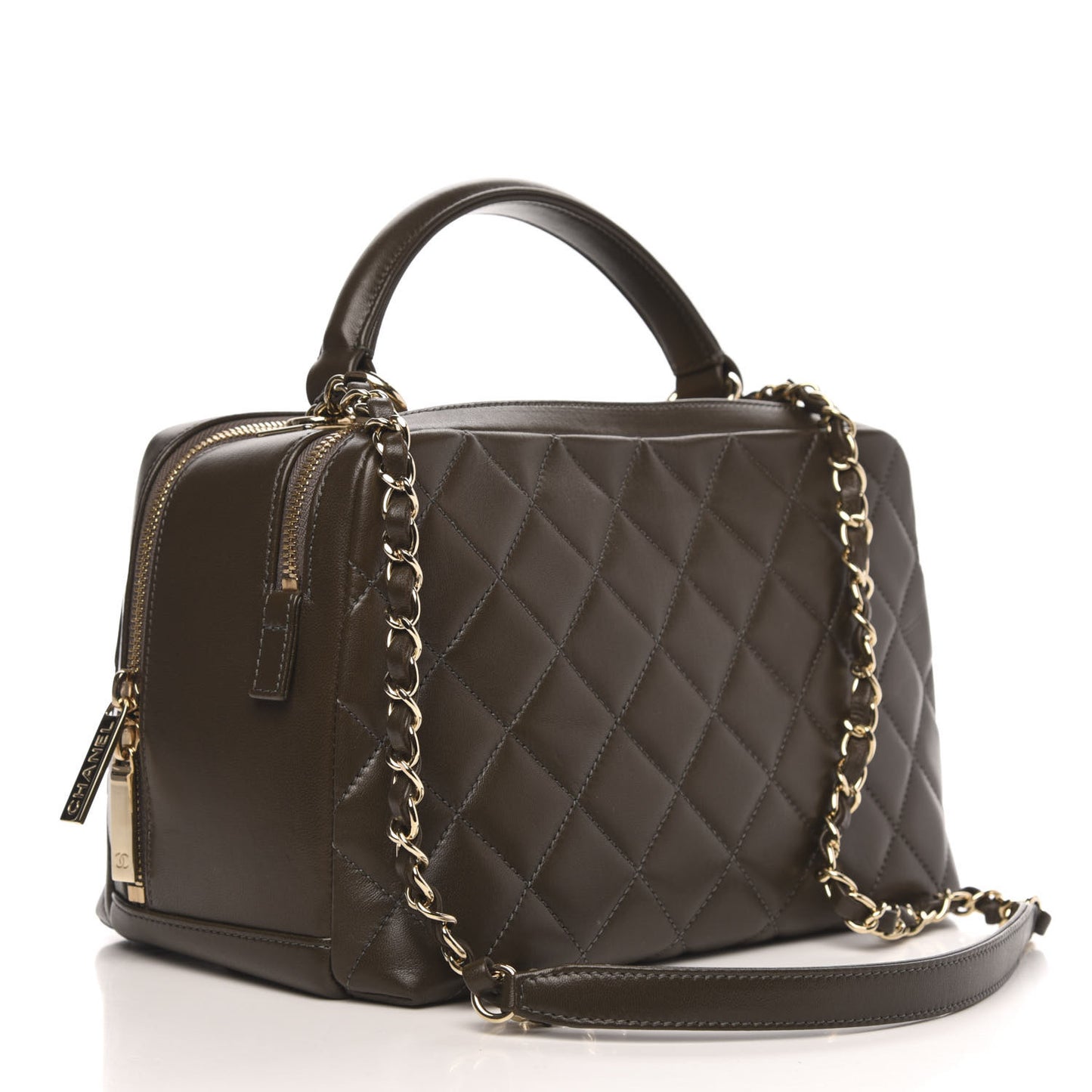 Lambskin Quilted Medium Trendy CC Bowling Bag Dark Khaki