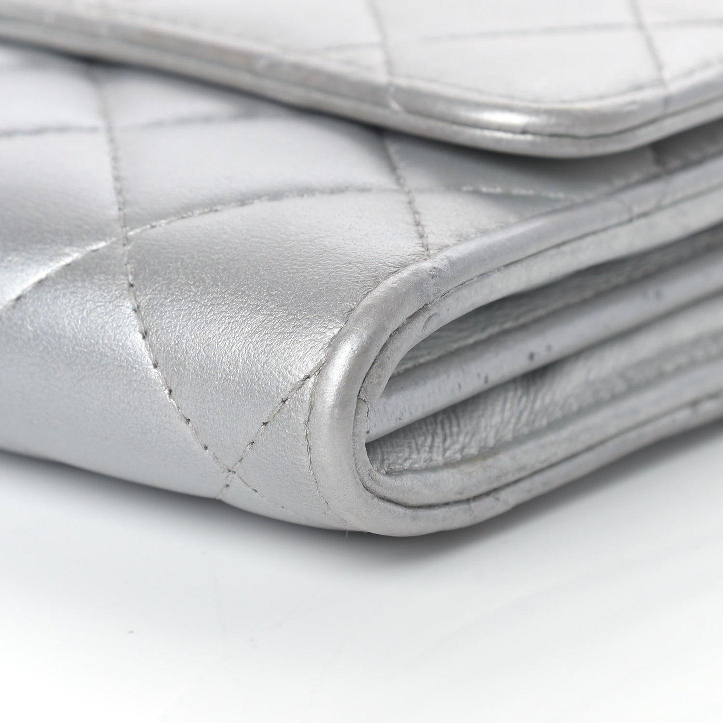 Metallic Lambskin Quilted Long Flap Wallet Silver