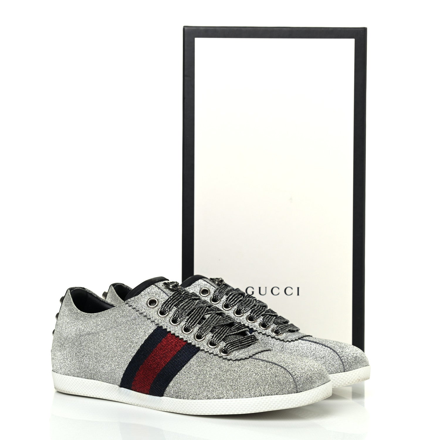 Gucci Glitter Fabric Studded Web Womens Sneakers 36.5 Silver 11 of 11