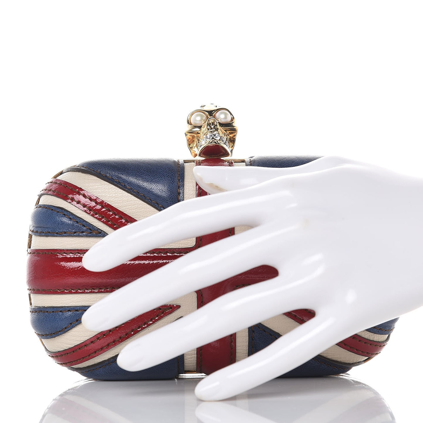 Patent Calfskin Britannia Skull Box Clutch Red Blue