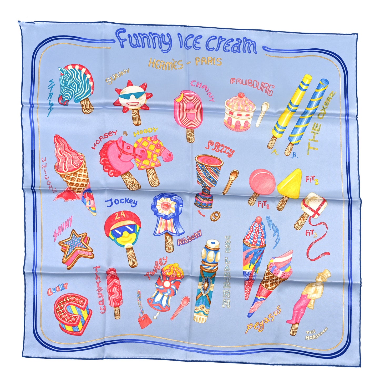 Silk Funny Ice Cream Scarf 70 Bleu Ciel Rose Bonbon Jaune