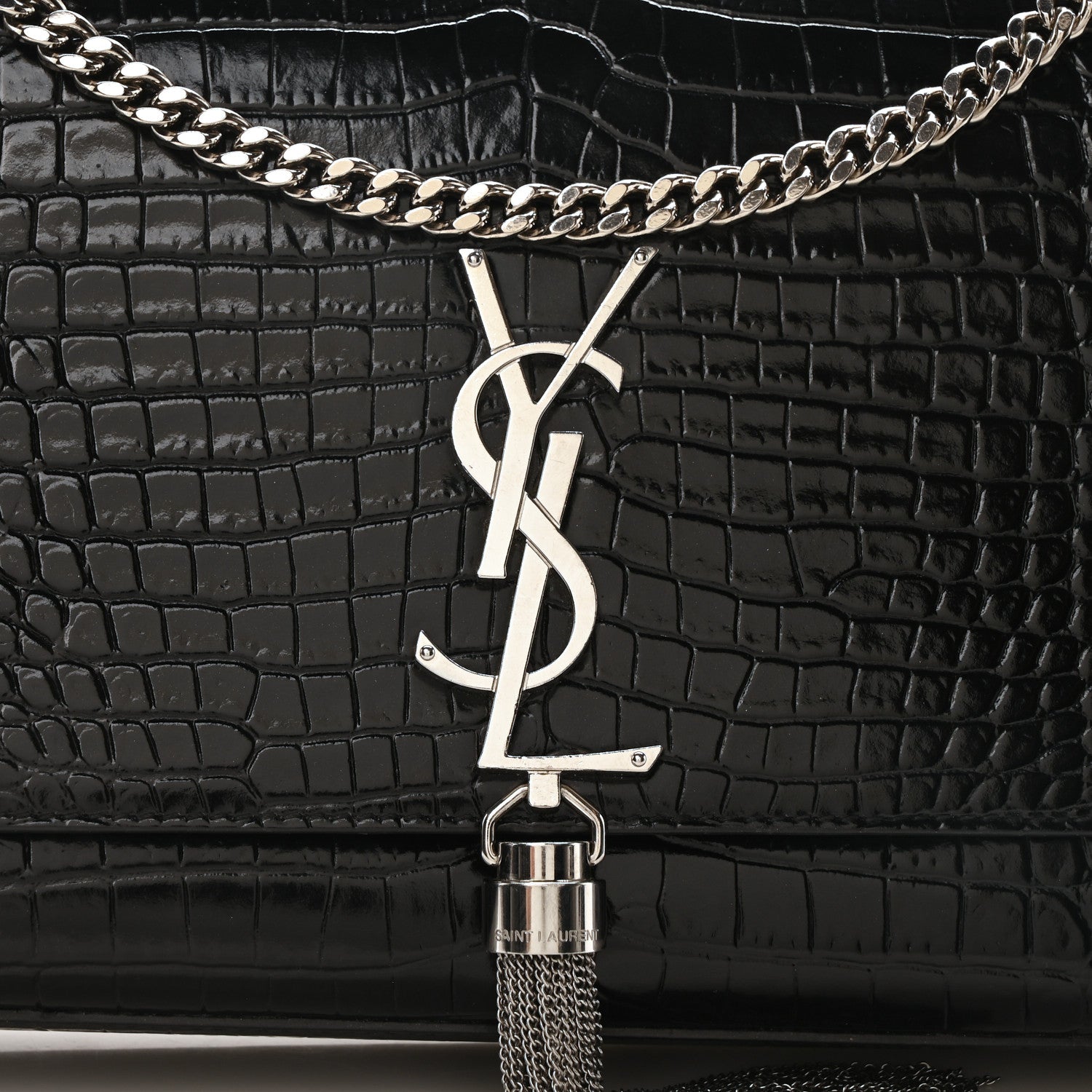 Saint Laurent Calfskin Crocodile Embossed Medium Classic Monogram Kate Tassel Satchel Black 8 of 10