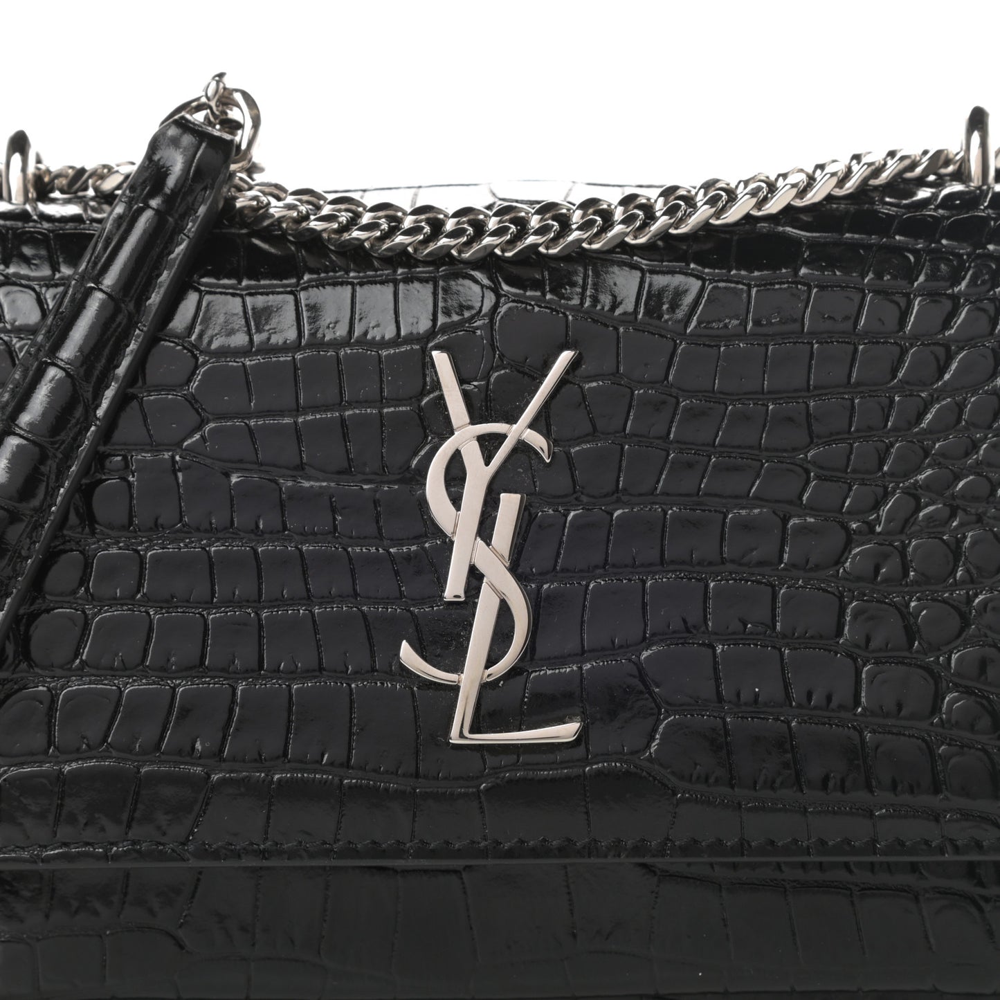Calfskin Crocodile Embossed Monogram Sunset Chain Wallet Black