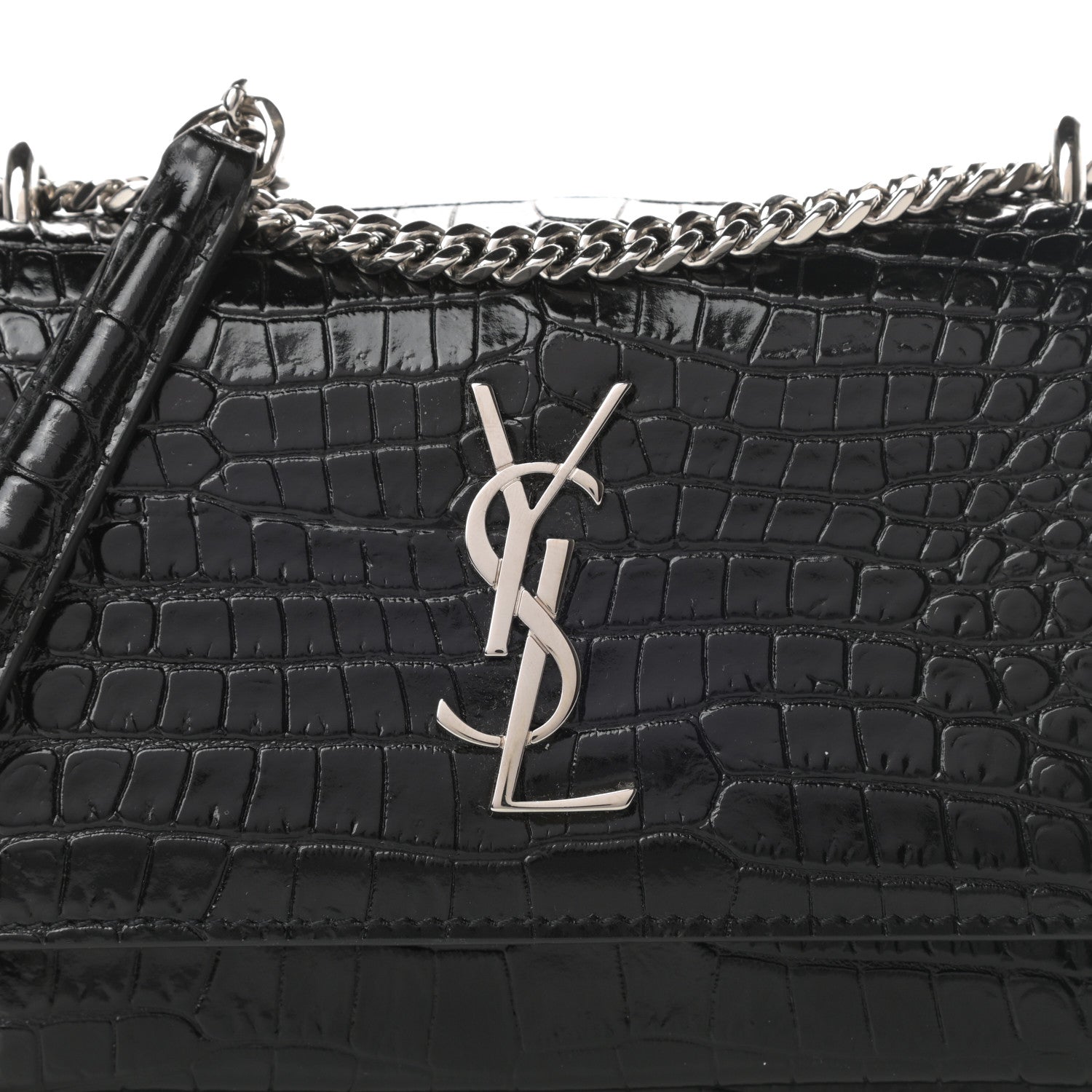 Saint Laurent Calfskin Crocodile Embossed Monogram Sunset Chain Wallet Black 7 of 9