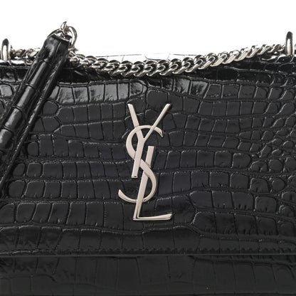 Saint Laurent Calfskin Crocodile Embossed Monogram Sunset Chain Wallet Black 7 of 9